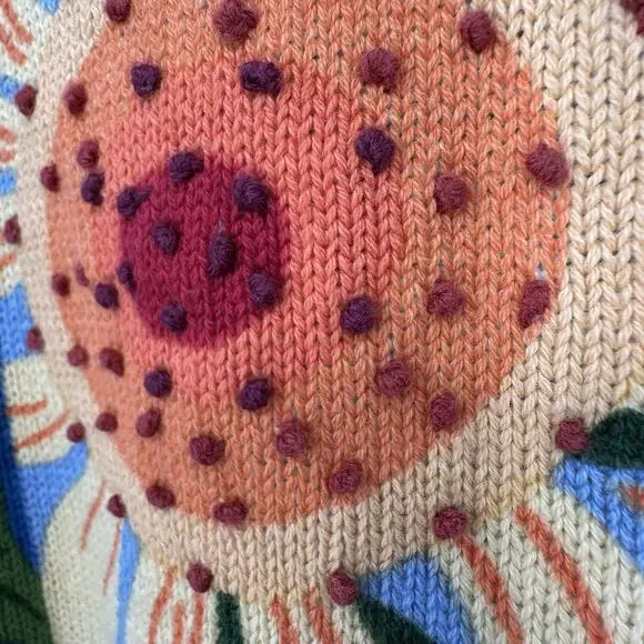 NorthStyle Sweater Womens Large Sunflower Floral Pullover Blue Beige Knit Boho L - Picture 4 of 12